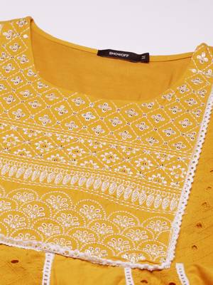 women's round neck solid mustard anarkali kurta and trouser 3