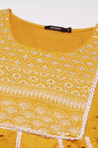 women's round neck solid mustard anarkali kurta and trouser