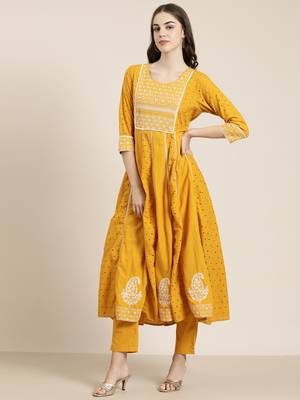 women's round neck solid mustard anarkali kurta and trouser 4