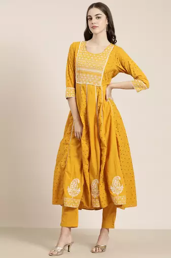 women's round neck solid mustard anarkali kurta and trouser