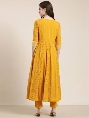 women's round neck solid mustard anarkali kurta and trouser 5