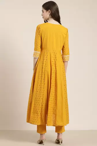 women's round neck solid mustard anarkali kurta and trouser