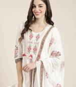 women's round neck floral off white a-line kurta and trouser with dupatta