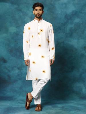 Cream Cotton Blend Kurta Pyjama Set 1