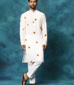 Cream Cotton Blend Kurta Pyjama Set