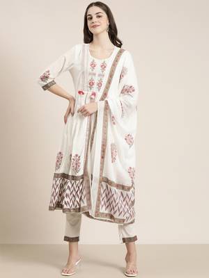 women's round neck floral off white a-line kurta and trouser with dupatta 2