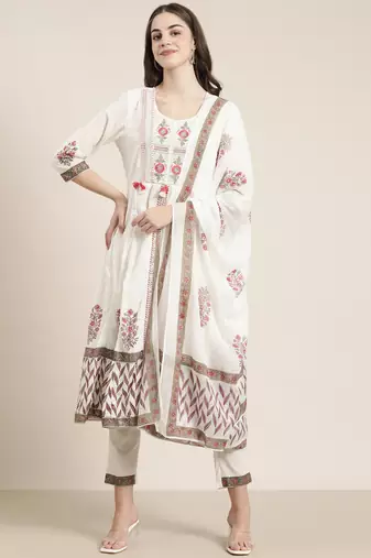 women's round neck floral off white a-line kurta and trouser with dupatta