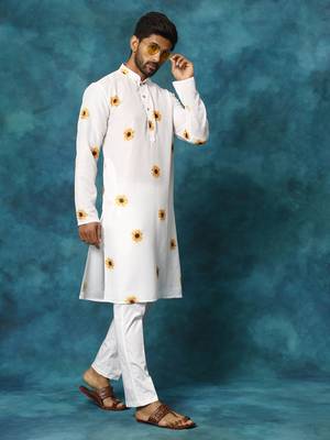 Cream Cotton Blend Kurta Pyjama Set 2