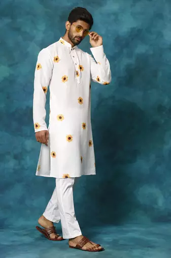 Cream Cotton Blend Kurta Pyjama Set
