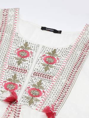women's round neck floral off white a-line kurta and trouser with dupatta 3