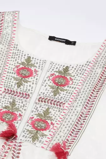 women's round neck floral off white a-line kurta and trouser with dupatta