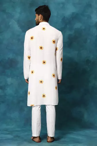 Cream Cotton Blend Kurta Pyjama Set