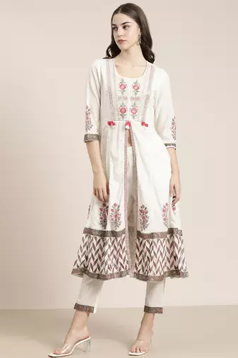 women's round neck floral off white a-line kurta and trouser with dupatta