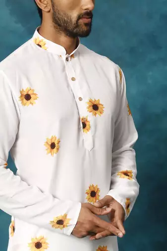 Cream Cotton Blend Kurta Pyjama Set