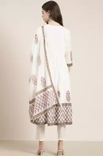 women's round neck floral off white a-line kurta and trouser with dupatta