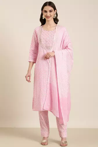 Showoff women's round neck floral pink straight kurta and trouser with dupatta