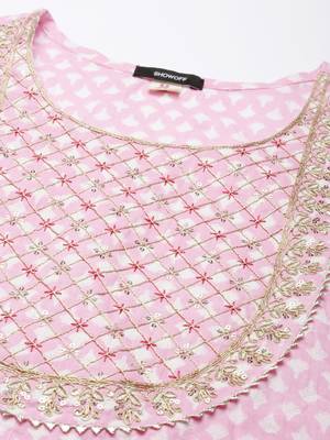Showoff women's round neck floral pink straight kurta and trouser with dupatta 3