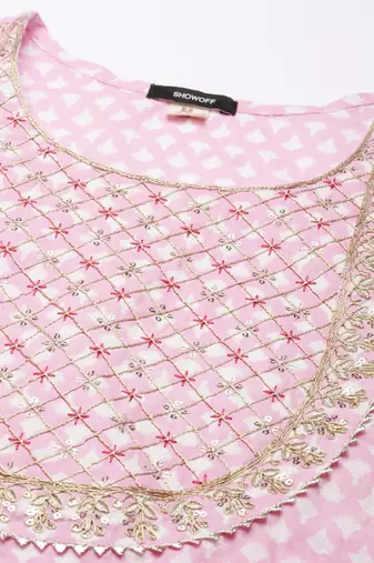 Showoff women's round neck floral pink straight kurta and trouser with dupatta