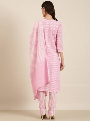 Showoff women's round neck floral pink straight kurta and trouser with dupatta 4