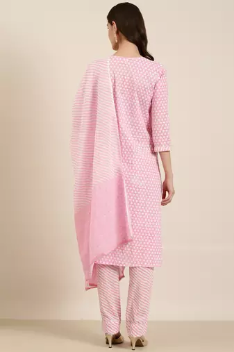 Showoff women's round neck floral pink straight kurta and trouser with dupatta