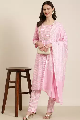 Showoff women's round neck floral pink straight kurta and trouser with dupatta