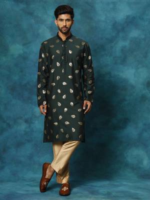 Green And Rose Gold Cotton Blend Kurta Pyjama Set 1