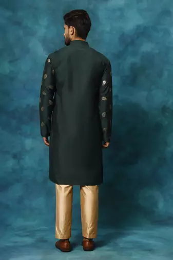 Green And Rose Gold Cotton Blend Kurta Pyjama Set