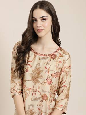 women's round neck floral beige straight kurta and trouser 1