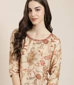 women's round neck floral beige straight kurta and trouser