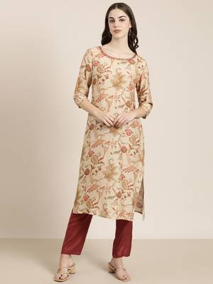 women's round neck floral beige straight kurta and trouser 2