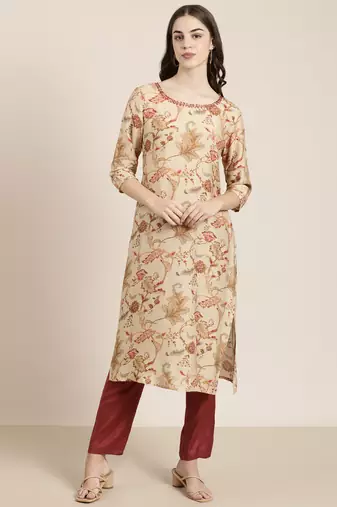 women's round neck floral beige straight kurta and trouser
