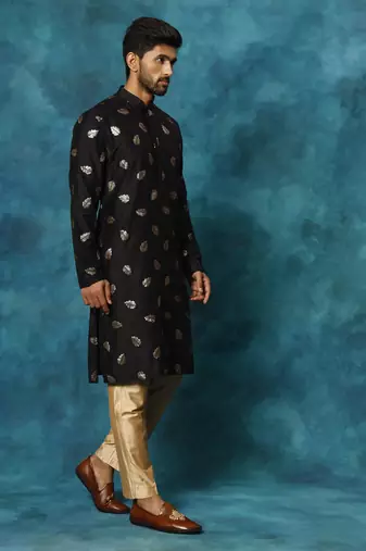 Black And Rose Gold Cotton Blend Kurta Pyjama Set