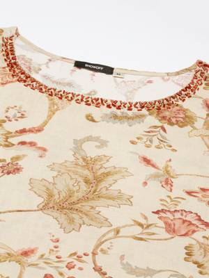 women's round neck floral beige straight kurta and trouser 3