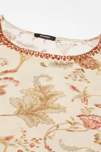 women's round neck floral beige straight kurta and trouser