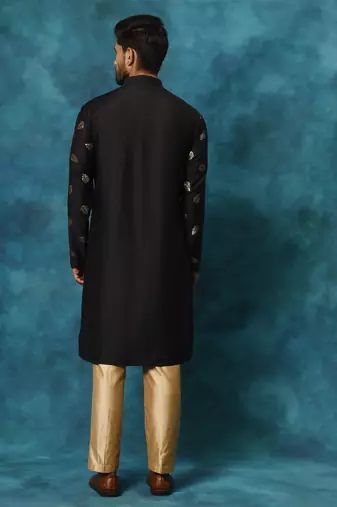 Black And Rose Gold Cotton Blend Kurta Pyjama Set