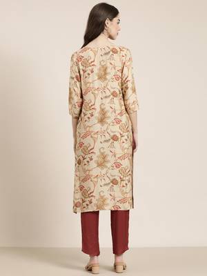 women's round neck floral beige straight kurta and trouser 4