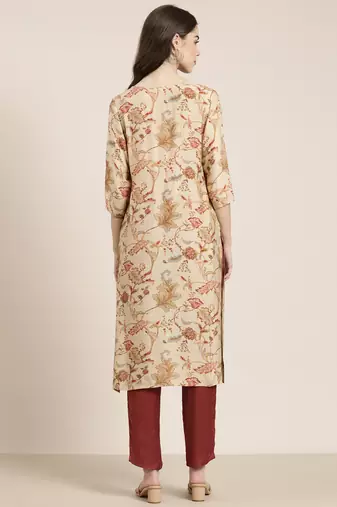women's round neck floral beige straight kurta and trouser