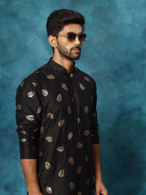 Black And Rose Gold Cotton Blend Kurta Pyjama Set 4