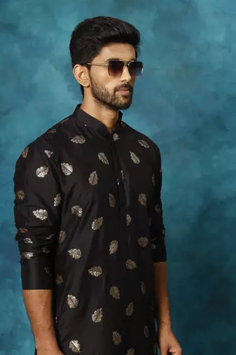 Black And Rose Gold Cotton Blend Kurta Pyjama Set
