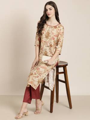women's round neck floral beige straight kurta and trouser 5