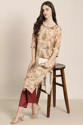 women's round neck floral beige straight kurta and trouser
