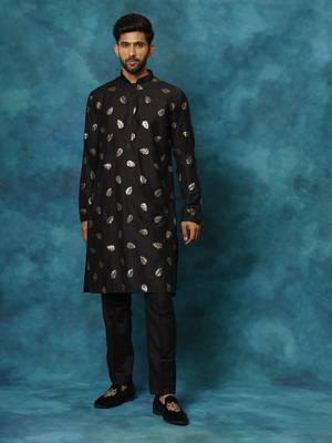 Black Cotton Blend Kurta Pyjama Set 1