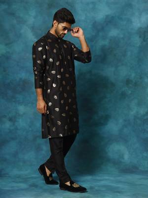 Black Cotton Blend Kurta Pyjama Set 2