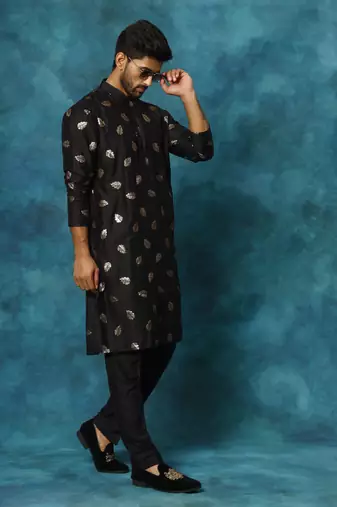 Black Cotton Blend Kurta Pyjama Set
