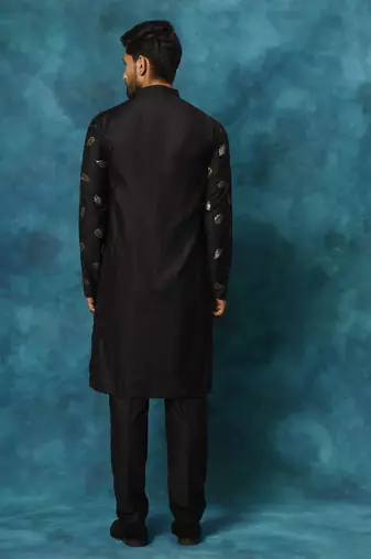 Black Cotton Blend Kurta Pyjama Set
