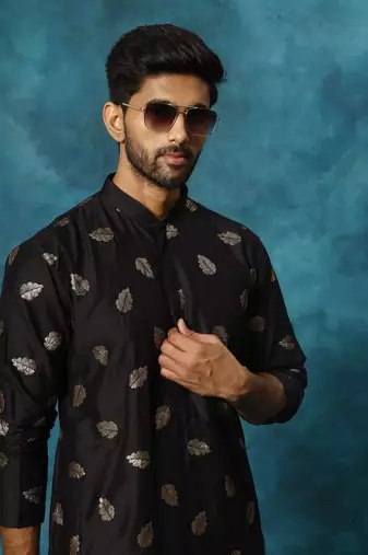 Black Cotton Blend Kurta Pyjama Set