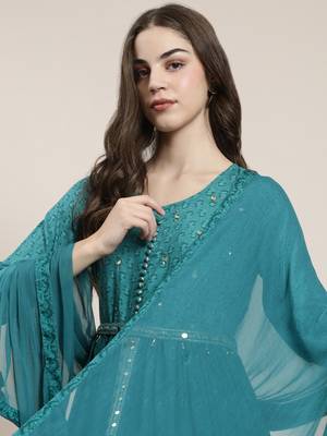 women's round neck floral teal anarkali kurta and trouser with dupatta 1