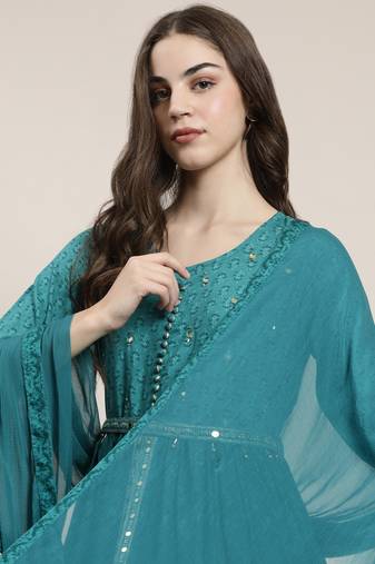 women's round neck floral teal anarkali kurta and trouser with dupatta