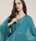 women's round neck floral teal anarkali kurta and trouser with dupatta