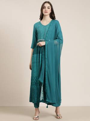 women's round neck floral teal anarkali kurta and trouser with dupatta 2